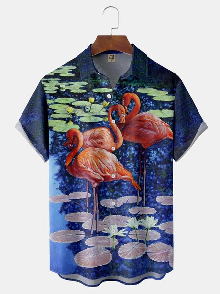 

Flamingo Chest Pocket Short Sleeve Hawaiian Shirt, Blue, Men Shirts
