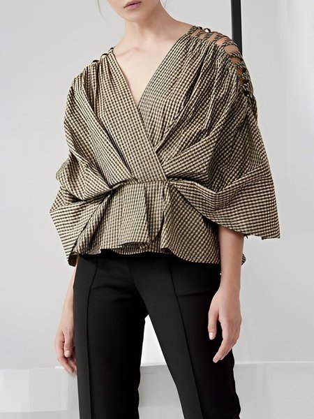 

Regular Size Loose Casual Plaid V Neck Blouse, Brown, Blouses and Shirts