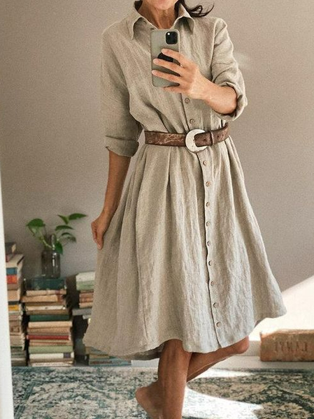 

Casual Linen Shirt Collar Loose Dress, Khaki, Midi Dresses