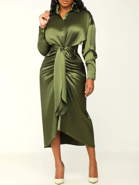 

Elegant Shirt Collar Satin Lace-up Plain Dress, Green, Midi Dresses