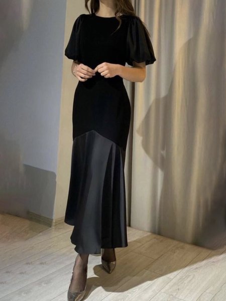 

Half sleeve Lantern Sleeve Crew Neck Plain Elegant Dress, Black, Maxi Dresses