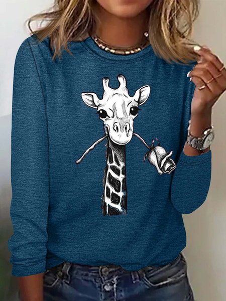 

Women's Cute Giraffe Cartoon Rose Printed Casual Top, Blue, Long sleeves