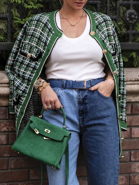 

Regular Fit Plaid Elegant Long sleeve Sweater Coat, Green, Cardigans
