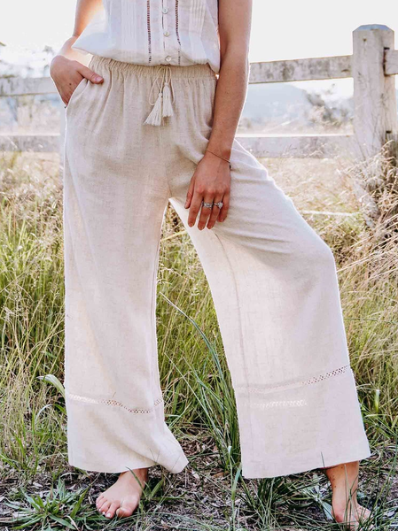 

Lace Plain Cotton-Blend Casual Loose Casual Pants, White, Pants