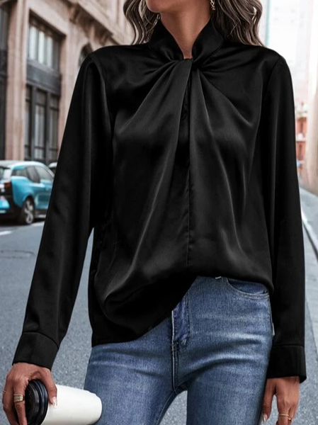 

Loose Cotton-Blend Plain Casual Top, Black, Tops