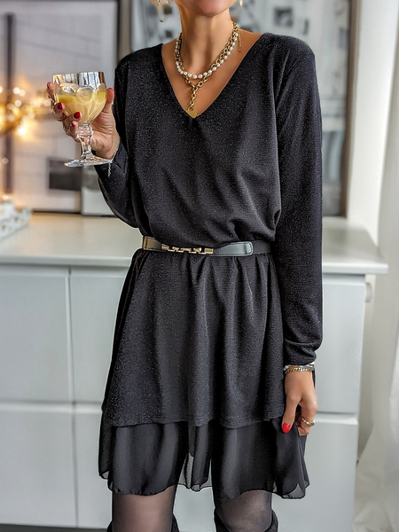 Loose Casual Cotton-Blend Plain Dress, Black, Dresses