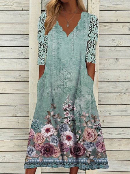

Casual Green Floral V Neck Loose Dress, Dresses