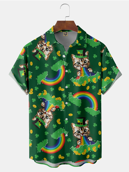 

St. Patrick's Day Cat Chest Pocket Short Sleeve Shirt, Green, Men Shirts