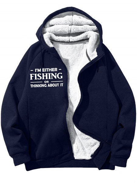 

Men's I Am Either Fishing Thinking About It Funny Graphic Print Hoodie Zip Up Sweatshirt Warm Jacket With Fifties Fleece, Dark blue, Hoodies&Sweatshirts