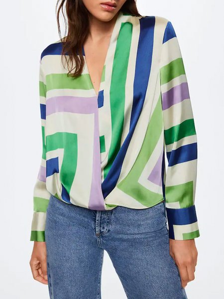 

V Neck Urban Geometric Loose Blouse, Green, Blouses and Shirts