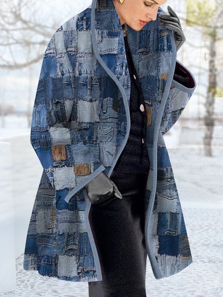 

Denim Patch Print Loose Long Sleeve Casual Coat, Denim blue, Coats