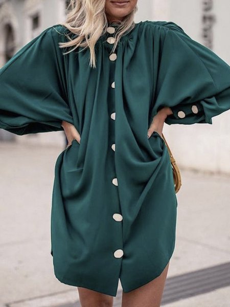 

Long sleeve Stand Collar Lantern Sleeve Plain Elegant Dress, Green, Mini Dresses