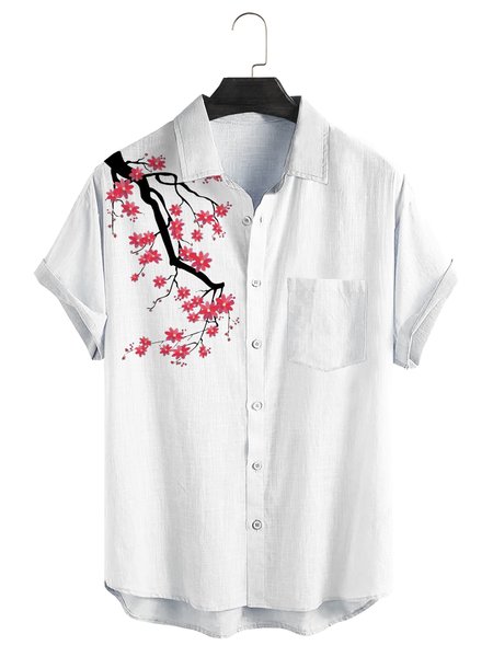

Japanese Plum Blossom Chest Pocket Short Sleeve Casual Shirt, White, Men Shirts