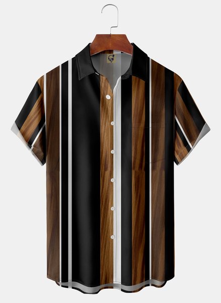 

Wood Grain Chest Pocket Short Sleeve Bowling Shirt, Brown, Men Shirts