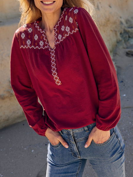 

V Neck Ethnic Vintage Loose Top, Red, Tops