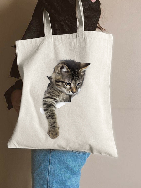 

Hidden Cat Animal Graphic Casual Shopping Tote Bag, White, Bags