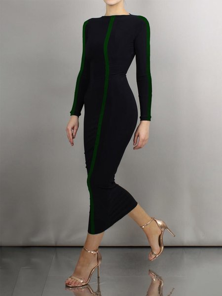 

Elegant Tight Boat Neck Long Sleeve Maxi Dress, Black, Midi Dresses