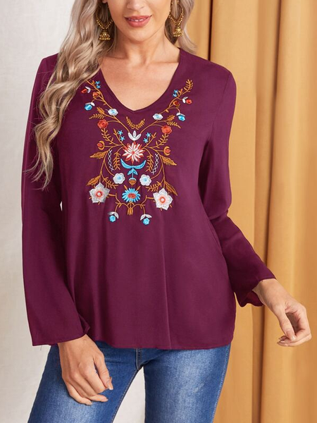

V Neck Casual Embroidered Floral Loose T-Shirt, Red, Tunics