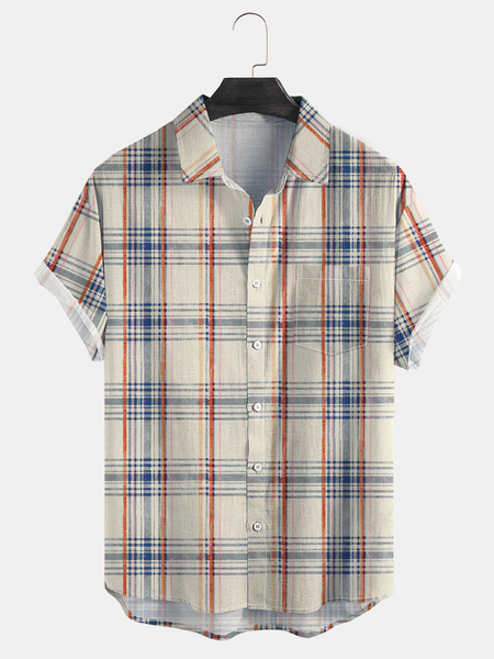 

Geometric Check Chest Pocket Short Sleeve Casual Shirt, Khaki, Men Shirts