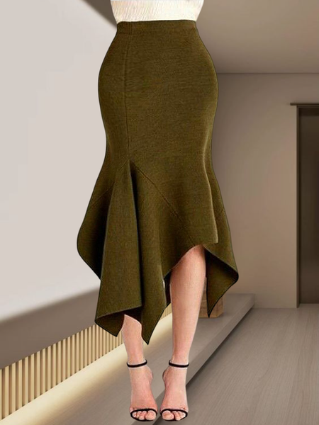 

Regular Fit Plain Elegant No Elasticity Skirt, Green, Skirts