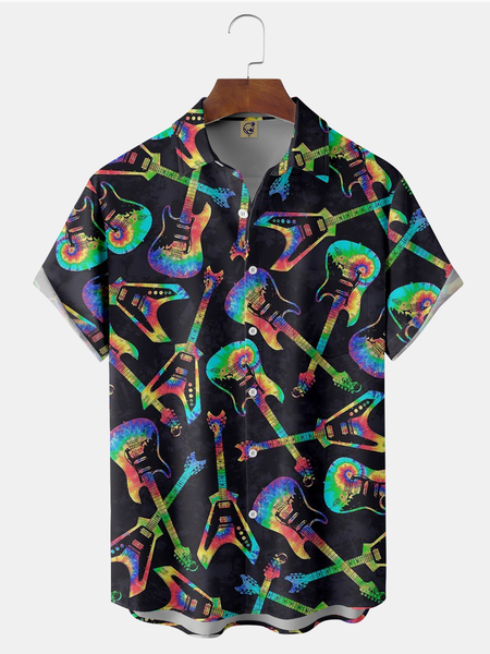 

Guitar Chest Pocket Short Sleeve Shirt, Black, Men Shirts