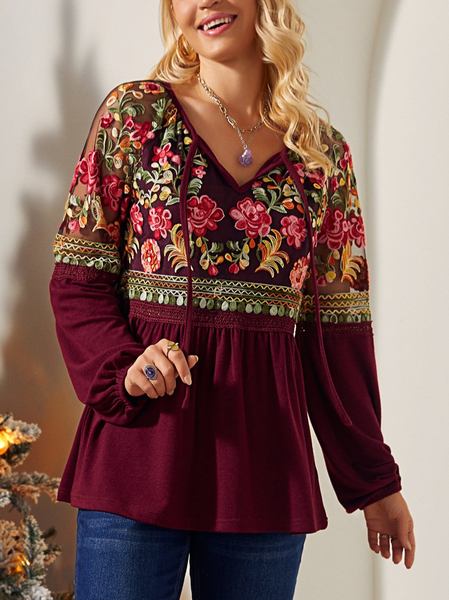 

Floral Lace Casual Crew Neck Top, Red, Tops