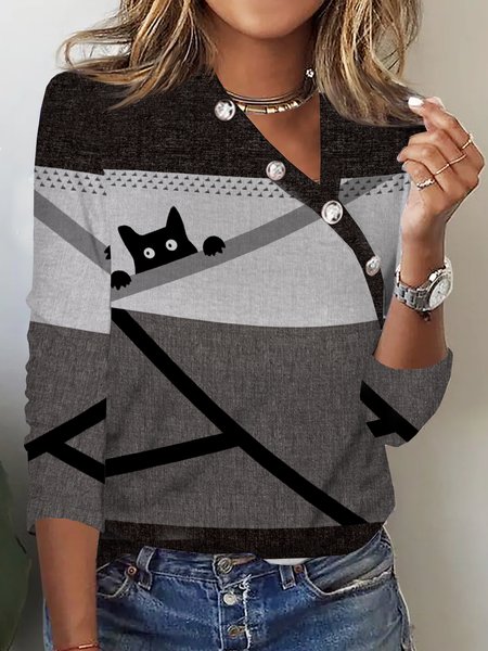 

Casual Color Block Buttoned Cat Top, Multicolor, Tops