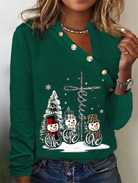 Casual Loose Buttoned Christmas Long sleeve T Shirt