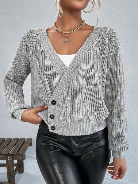 

Yarn/Wool Yarn V Neck Casual Sweater, Gray, Sweaters
