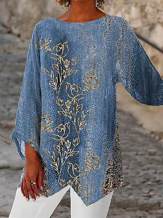 

Color Block Casual Loose Crew Neck Floral Top, Blue, Tunics