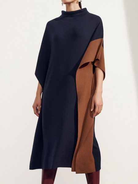 

Half Turtleneck Color Block Urban Midi Daily Dress, As picture, Midi Dresses