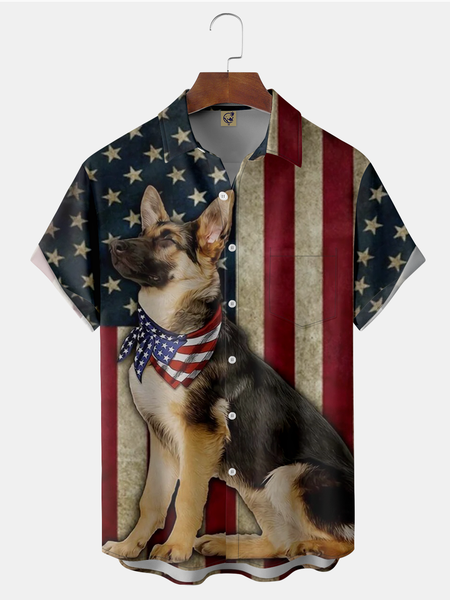 

American Flag Dog Chest Pocket Short Sleeve Shirt, Blue, Men Shirts