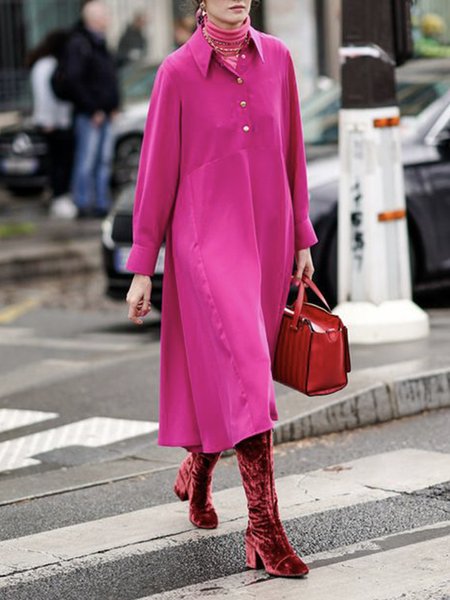 

Long sleeve Elegant Shirt Collar Plain Loose Dress, Rose red, Midi Dresses