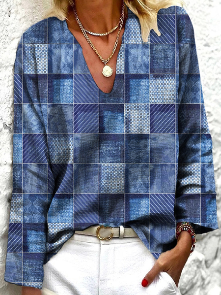 

Casual Geometric Regular Fit V Neck Top, Multicolor, Blouses & Shirts