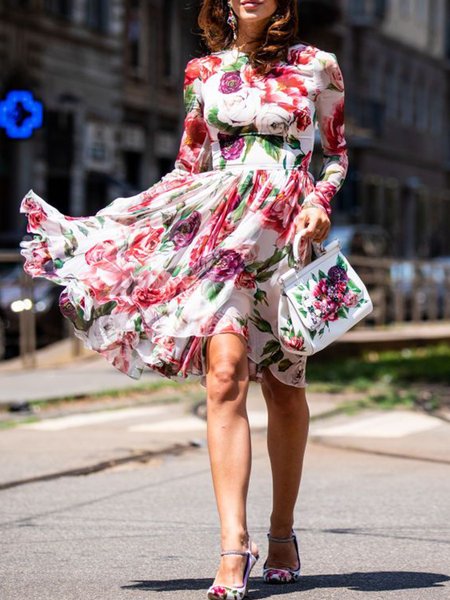 

Regular Fit Crew Neck Floral Print Vacation Dress, White, Midi Dresses