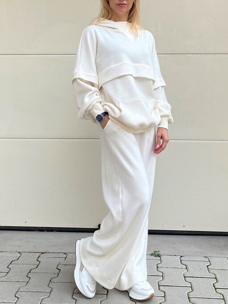 

Loose Plain Hoodie Casual Two-Piece Set, White, Suit Set