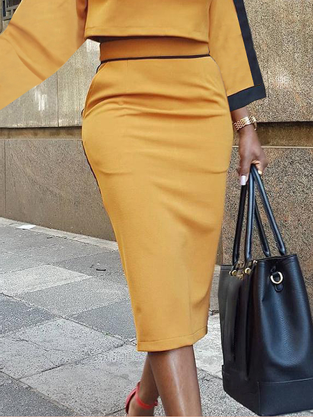 

Regular Fit Elegant Color Block Midi Skirt, Yellow, Skirts