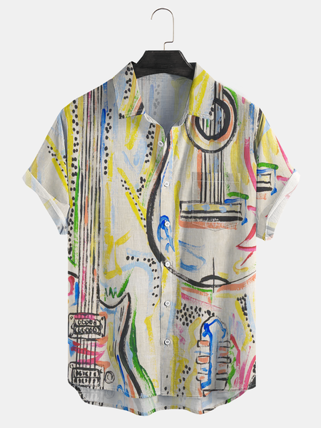

Music Guitar Chest Pocket Casual Short Sleeve Shirt, Yellow, Men Shirts