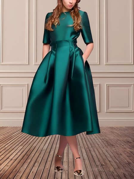 

Satin Elegant Plain Regular Fit Half sleeve No Elasticity Crew Neck Midi Party Dress, Green, Midi Dresses