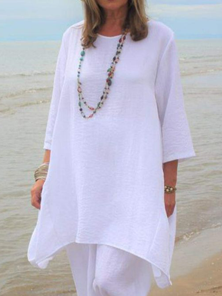 

Crew Neck Plain Casual Loose Top, White, Tops