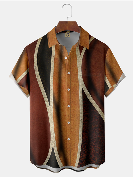 

Geometric Striped Chest Pocket Short Sleeve Shirt, Brown, Men Shirts