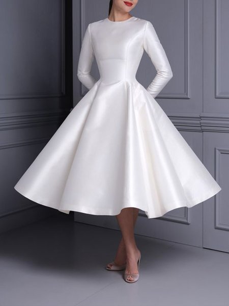 

Long sleeve Satin Plain Regular Fit Elegant Dress, White, Midi Dresses