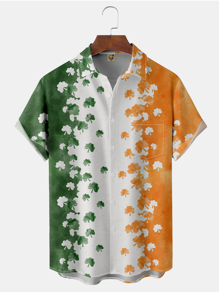 

St. Patrick's Day Four-Leaf Clover Chest Pocket Short Sleeve Shirt, Green, Men Shirts