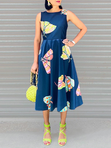 

Butterfly Element Pattern Elegant Regular Fit Dress, Blue, Midi Dresses