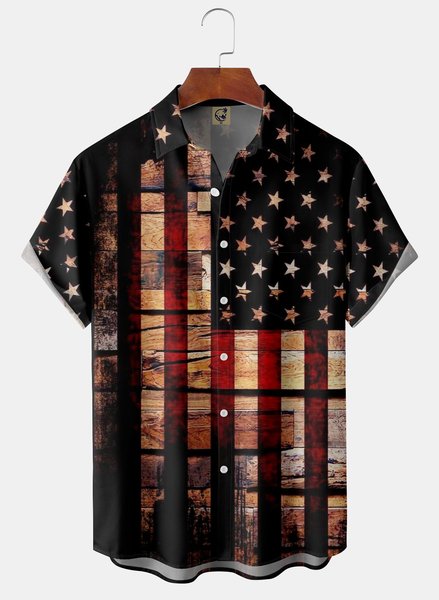 

American Flag Chest Pocket Short Sleeve Casual Shirt, Brown, Men Shirts