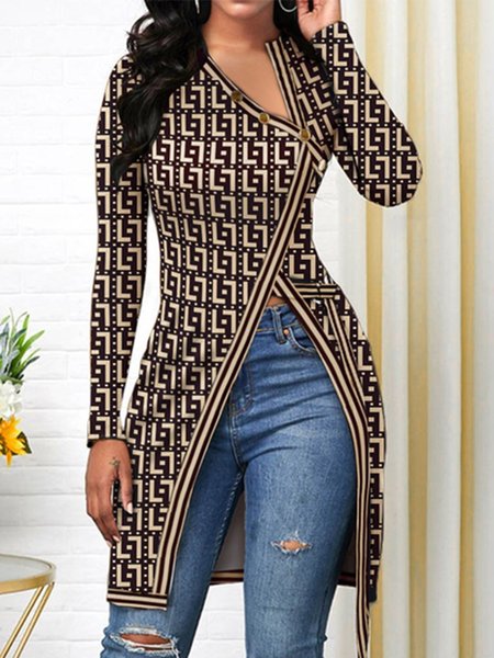 

Asymmetrical Tight Urban Geometric Long Sleeve Top, Black, Linen Tops
