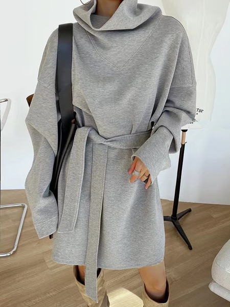 

Turtleneck Plain Elegant Dress With Belt, Gray, Midi Dresses