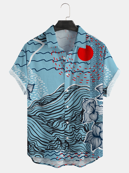 

Ukiyoe Sea Wave Print Chest Bag Casual Short Sleeve Shirt, Blue, Men Shirts