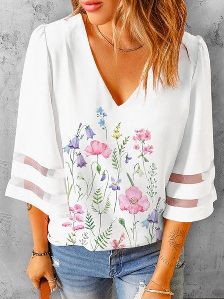 

Flare Sleeve Casual Floral Top, White, Tops