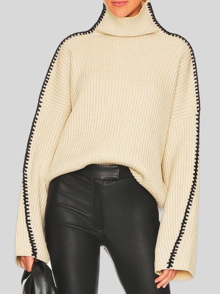 

Turtleneck Piping Loose Color Block Sweater, Apricot, Pullovers